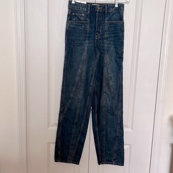 Zara Paneled Jeans High Rised Tapered Leg Slim Fit Mid Blue Size 4 NWT - Picture 3 of 11
